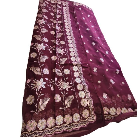 Maroon Saree Sequin Floral PRE SEWN Ready To Wear Saree Adjustable Waist - NEW - Picture 2 of 15